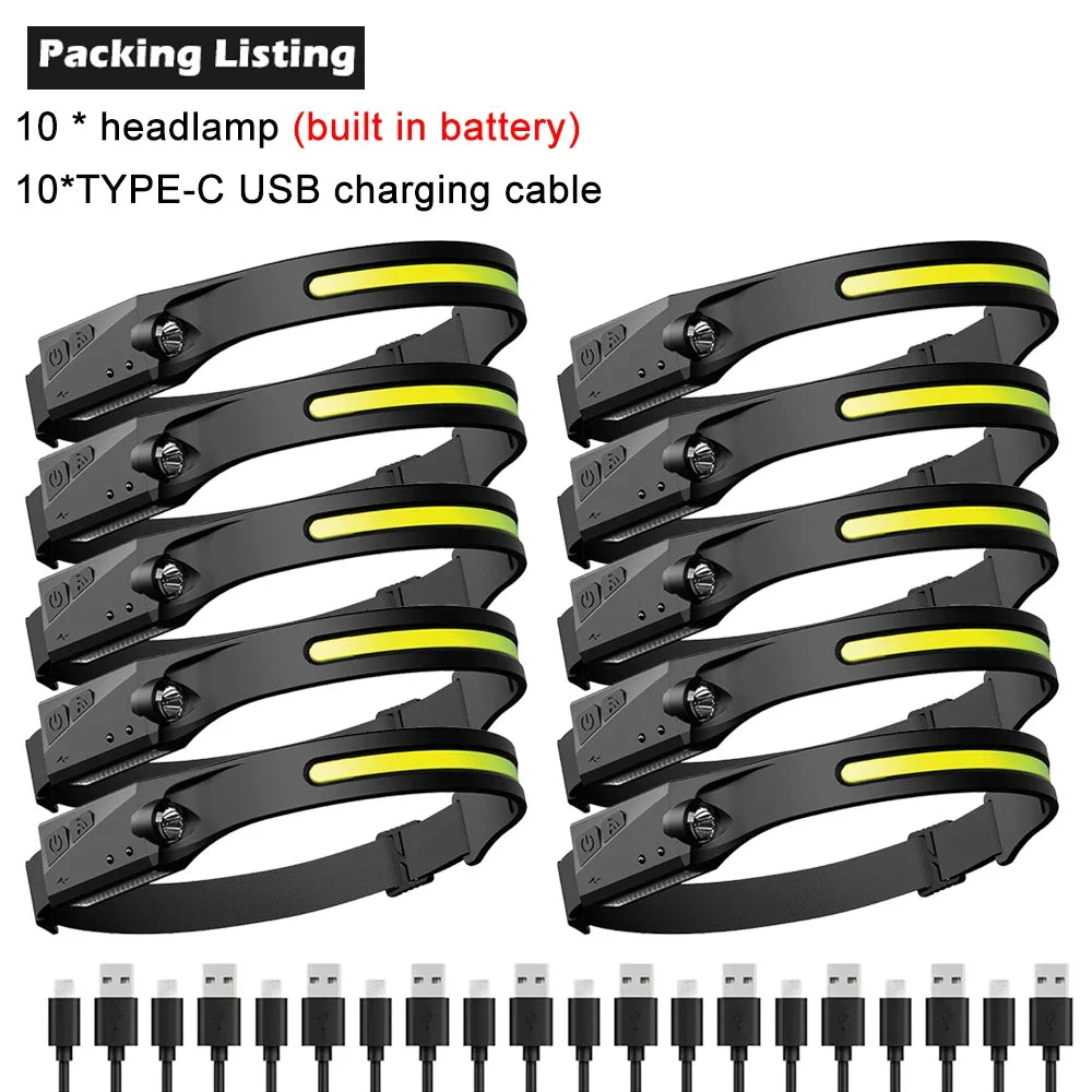 LED Sensor Headlamp Built-In Battery USB Rechargeable Head Flashlight Headlight LED Head Torch Camping Fishing Search Light